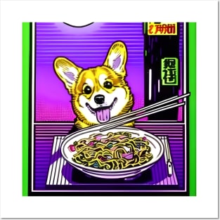 Corgi Eating Ramen Noodle Soup. Posters and Art